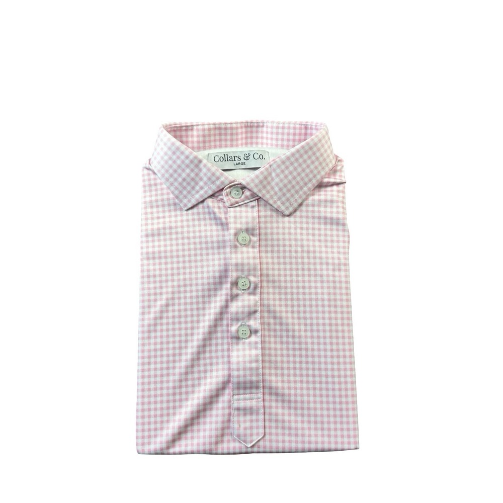 Collars & Co Mens Pink White Checked Dress Collar Performance Polo Shirt Large